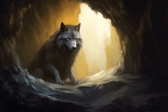 wolf guarding cave. Generative AI