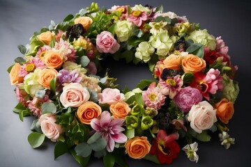 A large assortment of flowers arranged in a circular wreath, featuring roses and leaves. Generative AI