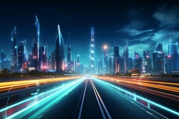 Fototapeta na wymiar Illuminated metropolis with neon lit highways in a nocturnal cyberpunk world