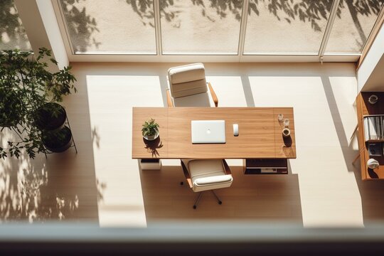 A Bright And Elegant Office Space Furnished With A White Desk And Wooden Surroundings, Seen From Above. Generative AI