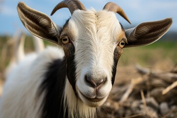 Inquisitive goat locks eyes with the camera, a captivating connection
