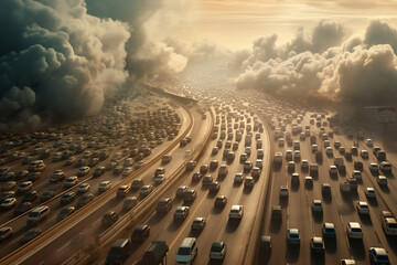 Obraz premium Navigate the urban hustle as a massive flow of cars fills a major highway, highlighting environmental pollution challenges. Ai generated