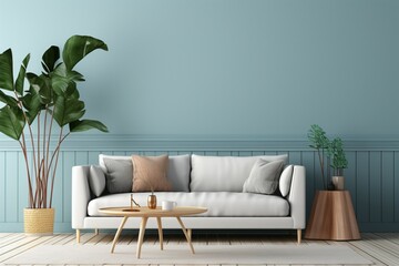 Light blue wall in a contemporary Scandinavian living room mock up