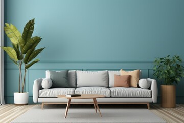Light blue wall in a contemporary Scandinavian living room mock up