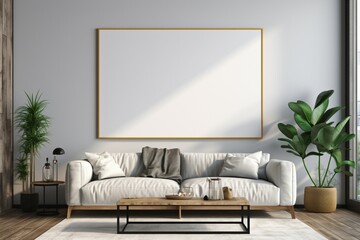 Living room frame mock up with blue accents, perfect for design