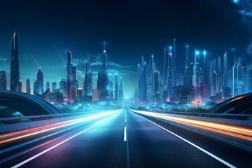Fototapeta na wymiar High tech cityscape with glowing roads in a midnight sci fi setting