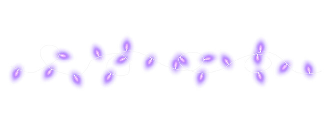 Lilac christmas glowing garland. Christmas lights. Colorful Christmas garland. The light bulbs on the wires are insulated. PNG.