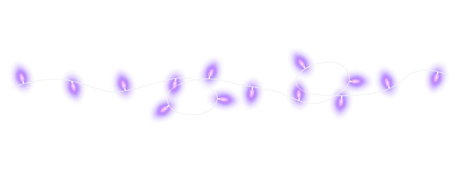 Lilac christmas glowing garland. Christmas lights. Colorful Christmas garland. The light bulbs on the wires are insulated. PNG.