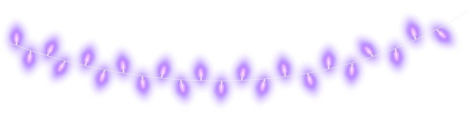 Lilac christmas glowing garland. Christmas lights. Colorful Christmas garland. The light bulbs on the wires are insulated. PNG.