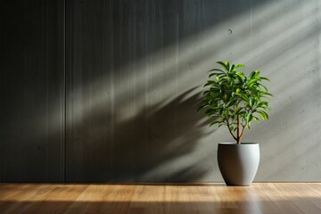 Minimalistic setting Dark room, potted plant, concrete wall, wooden floor