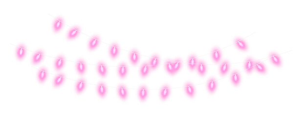 Pink christmas glowing garland. Christmas lights. Colorful Christmas garland. The light bulbs on the wires are insulated. PNG.