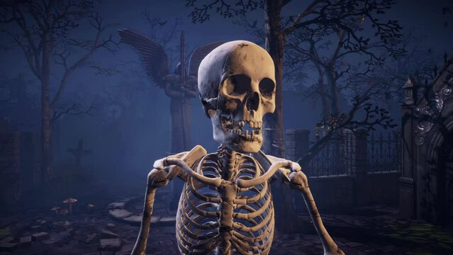 Skeleton stands on a tomb at night in a cemetery