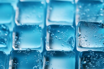 Perfectly lined ice cubes with glistening drops on a tranquil blue