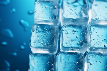 Perfectly lined ice cubes with glistening drops on a tranquil blue