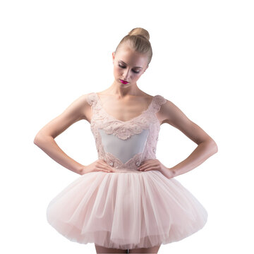 Portrait of a ballet dancer, adorned in a tutu and ballet slippers, capturing grace and poise, on transparent background