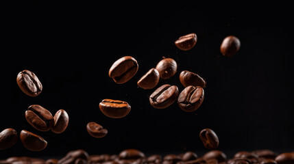 Coffee beans falling. Black background.