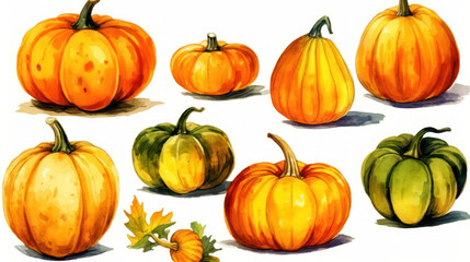 Watercolor painting of a pumpkins in yellow color tone.