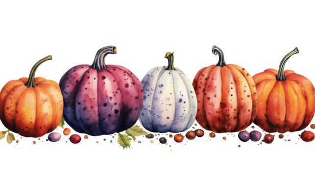 Watercolor painting of a pumpkins in maroon color tone.