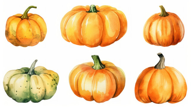 Watercolor painting of a pumpkins in orange color tone.