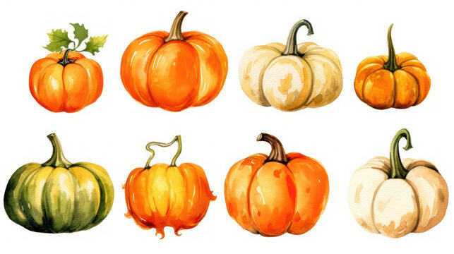 Watercolor painting of a pumpkins in orange color tone.