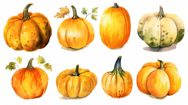 Watercolor painting of a pumpkins in yellow color tone.