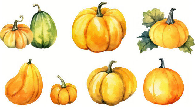 Watercolor painting of a pumpkins in yellow color tone.