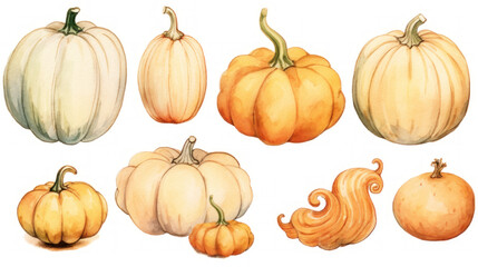 Watercolor painting of a pumpkins in beige color tone.