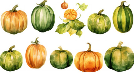 Watercolor painting of a pumpkins in olive green color tone.