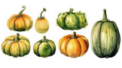 Watercolor painting of a pumpkins in olive green color tone.