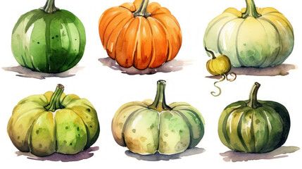 Watercolor painting of a pumpkins in olive green color tone.