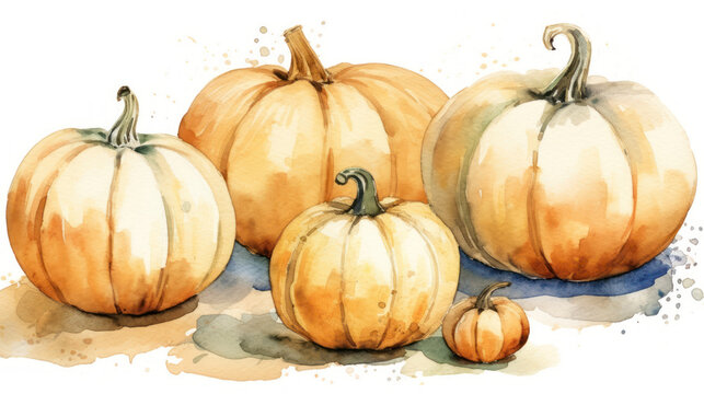 Watercolor painting of a pumpkins in beige color tone.