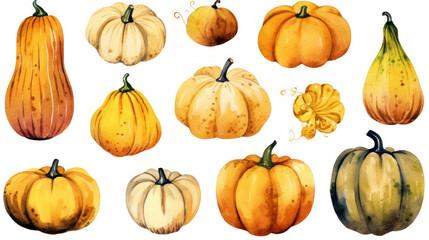Watercolor painting of a pumpkins in dark yellow color tone.