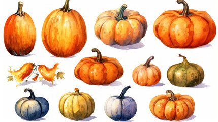 Watercolor painting of a pumpkins in dark orange color tone.