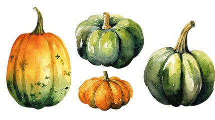 Watercolor painting of a pumpkins in dark green color tone.