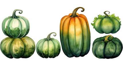Watercolor painting of a pumpkins in dark green color tone.