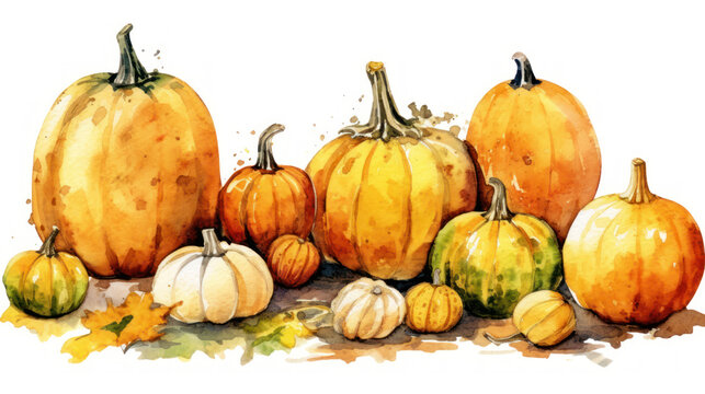 Watercolor painting of a pumpkins in dark yellow color tone.
