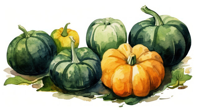 Watercolor painting of a pumpkins in dark green color tone.
