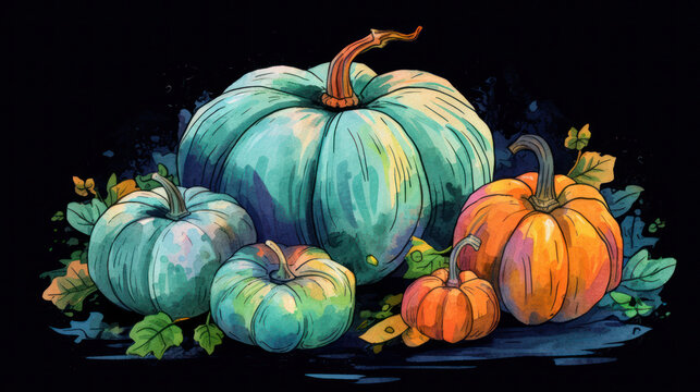 Watercolor painting of a pumpkins in dark cyan color tone.