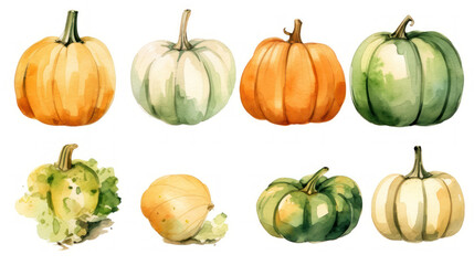 Watercolor painting of a pumpkins in light green color tone.