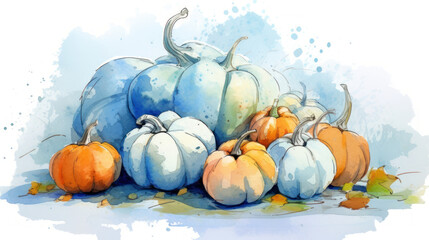 Watercolor painting of a pumpkins in light blue color tone.