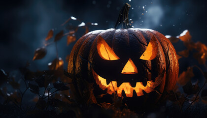 Background banner design with jack o lantern and glowing lights in dark atmosphere