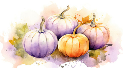 Watercolor painting of a pumpkins in light purple color tone.