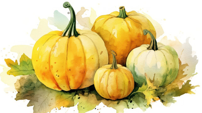 Watercolor painting of a pumpkins in light yellow color tone.