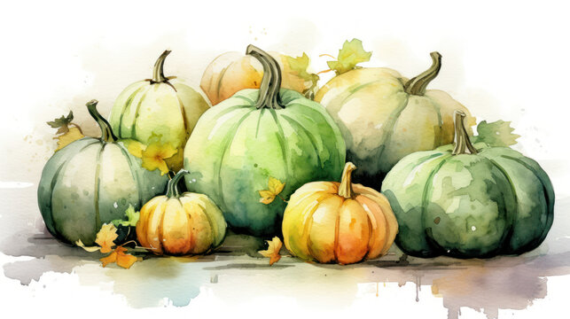 Watercolor painting of a pumpkins in light green color tone.