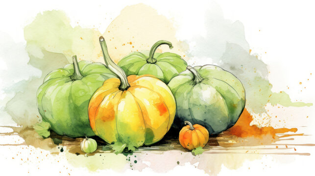 Watercolor painting of a pumpkins in light lime color tone.