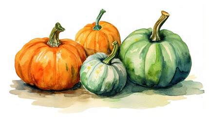 Watercolor painting of a pumpkins in vivid green color tone.