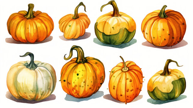 Watercolor painting of a pumpkins in vivid yellow color tone.