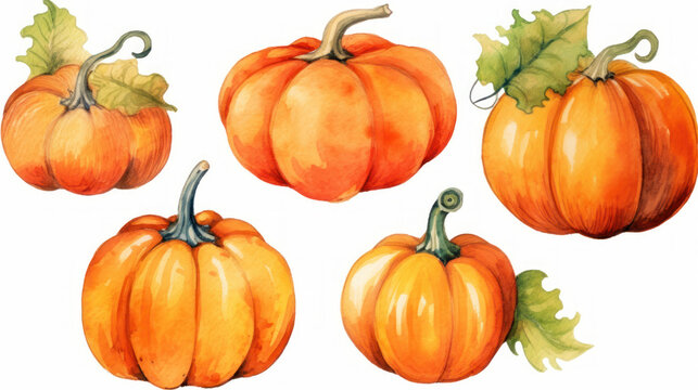 Watercolor painting of a pumpkins in vivid orange color tone.