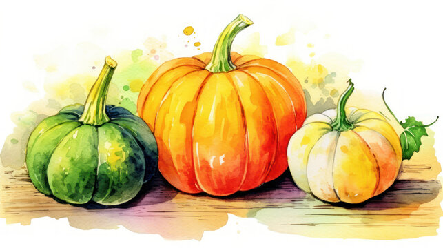 Watercolor painting of a pumpkins in vivid lime color tone.