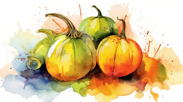 Watercolor painting of a pumpkins in vivid lime color tone.